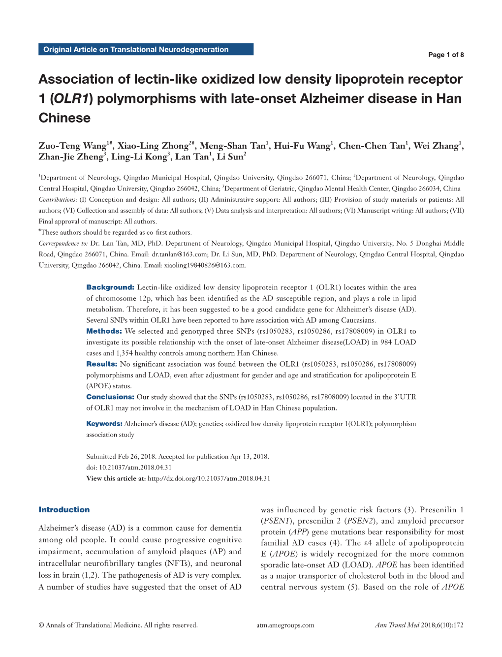 Polymorphisms with Late-Onset Alzheimer Disease in Han Chinese
