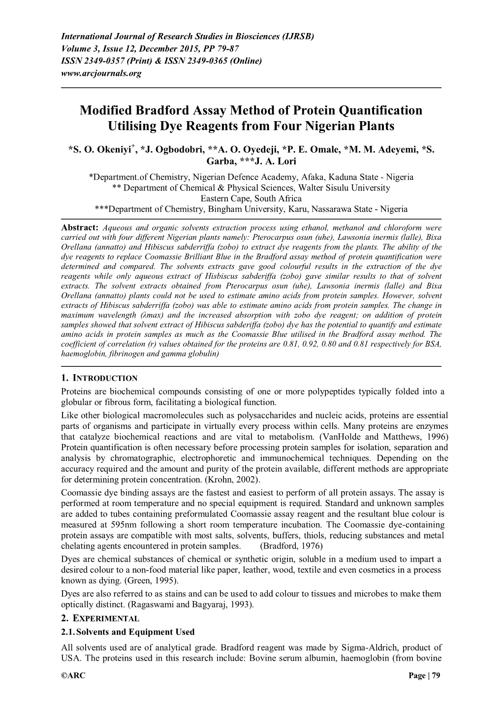 Modified Bradford Assay Method of Protein Quantification Utilising Dye Reagents from Four Nigerian Plants