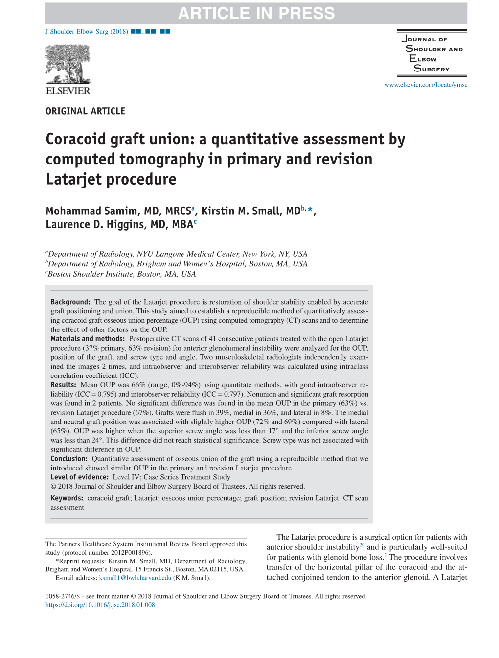 Coracoid Graft Union: a Quantitative Assessment by Computed Tomography in Primary and Revision Latarjet Procedure