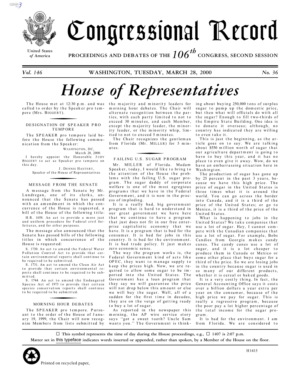 Congressional Record United States Th of America PROCEEDINGS and DEBATES of the 106 CONGRESS, SECOND SESSION