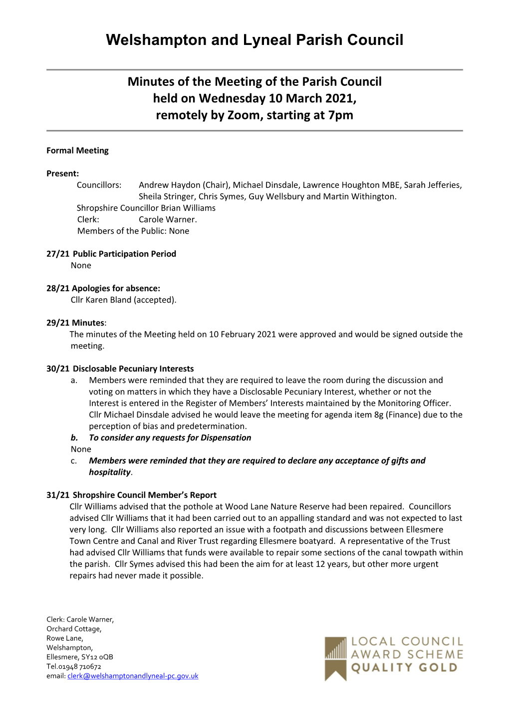 Minutes of the Meeting of the Parish Council Held on Wednesday 10 March 2021, Remotely by Zoom, Starting at 7Pm