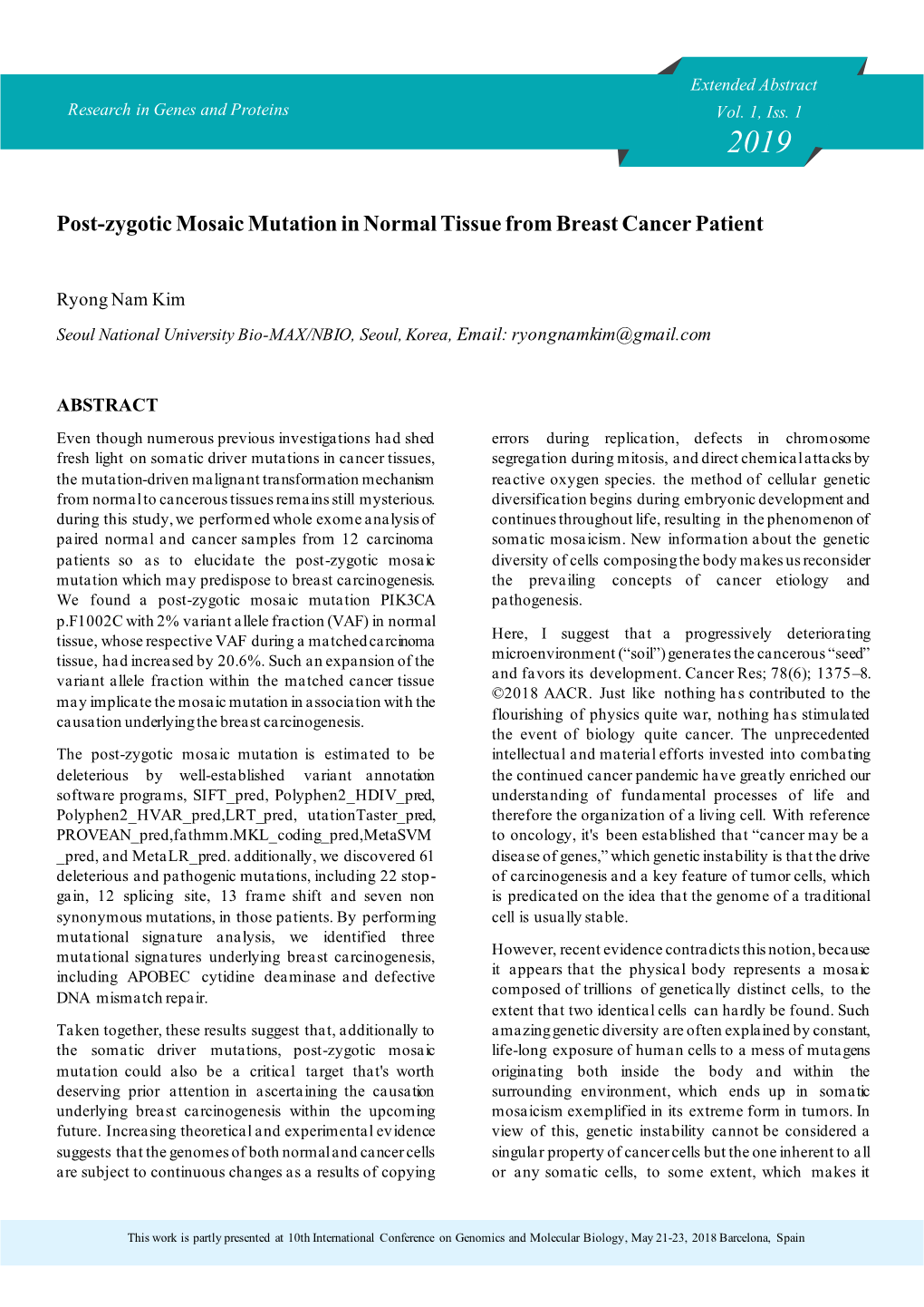 Post-Zygotic Mosaic Mutation in Normal Tissue from Breast Cancer Patient