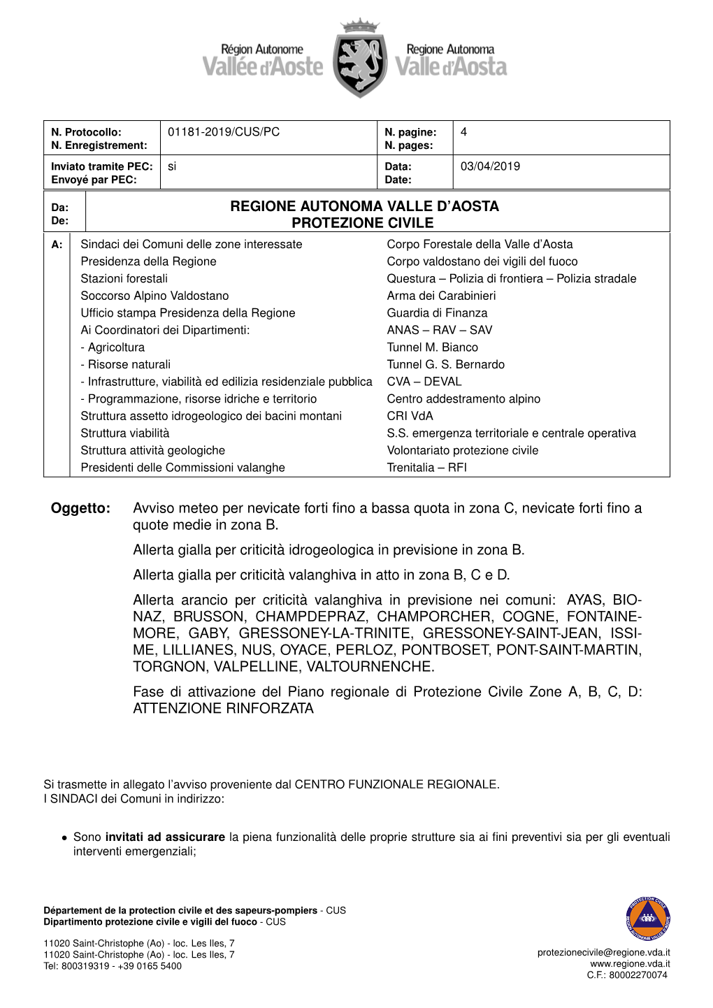 Regione Autonoma Valle D'aosta Protezione Civile