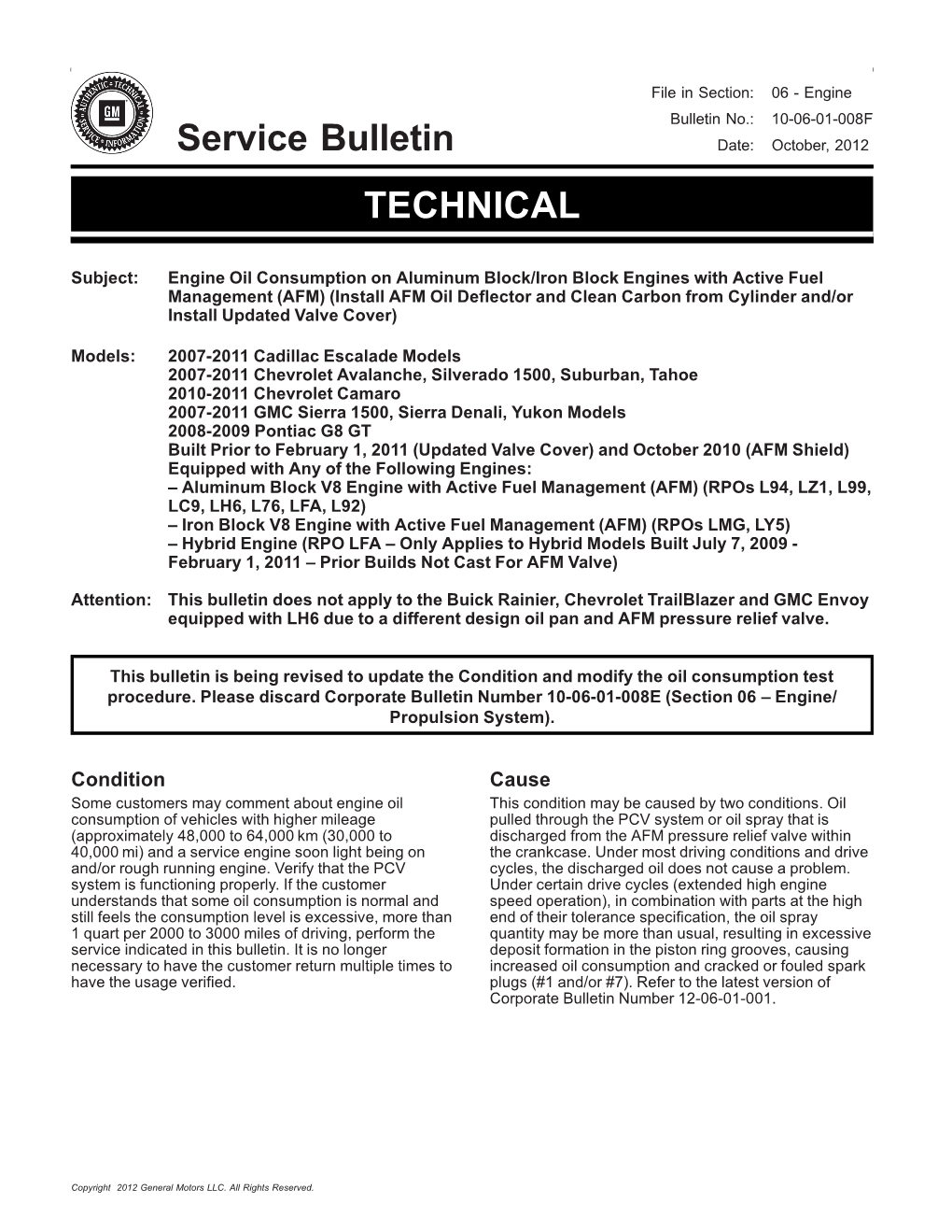 10-06-01-008F Service Bulletin Date: October, 2012 TECHNICAL