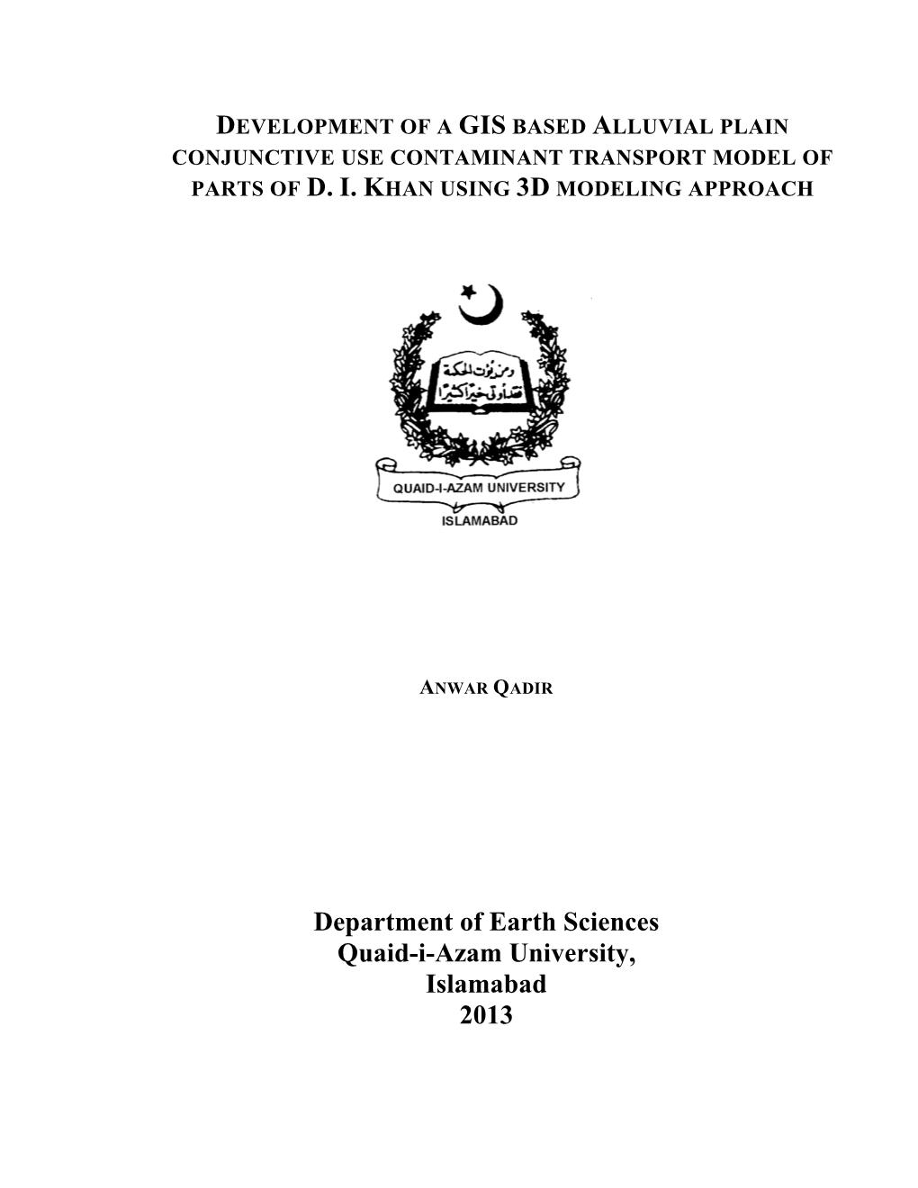 Department of Earth Sciences Quaid-I-Azam University, Islamabad