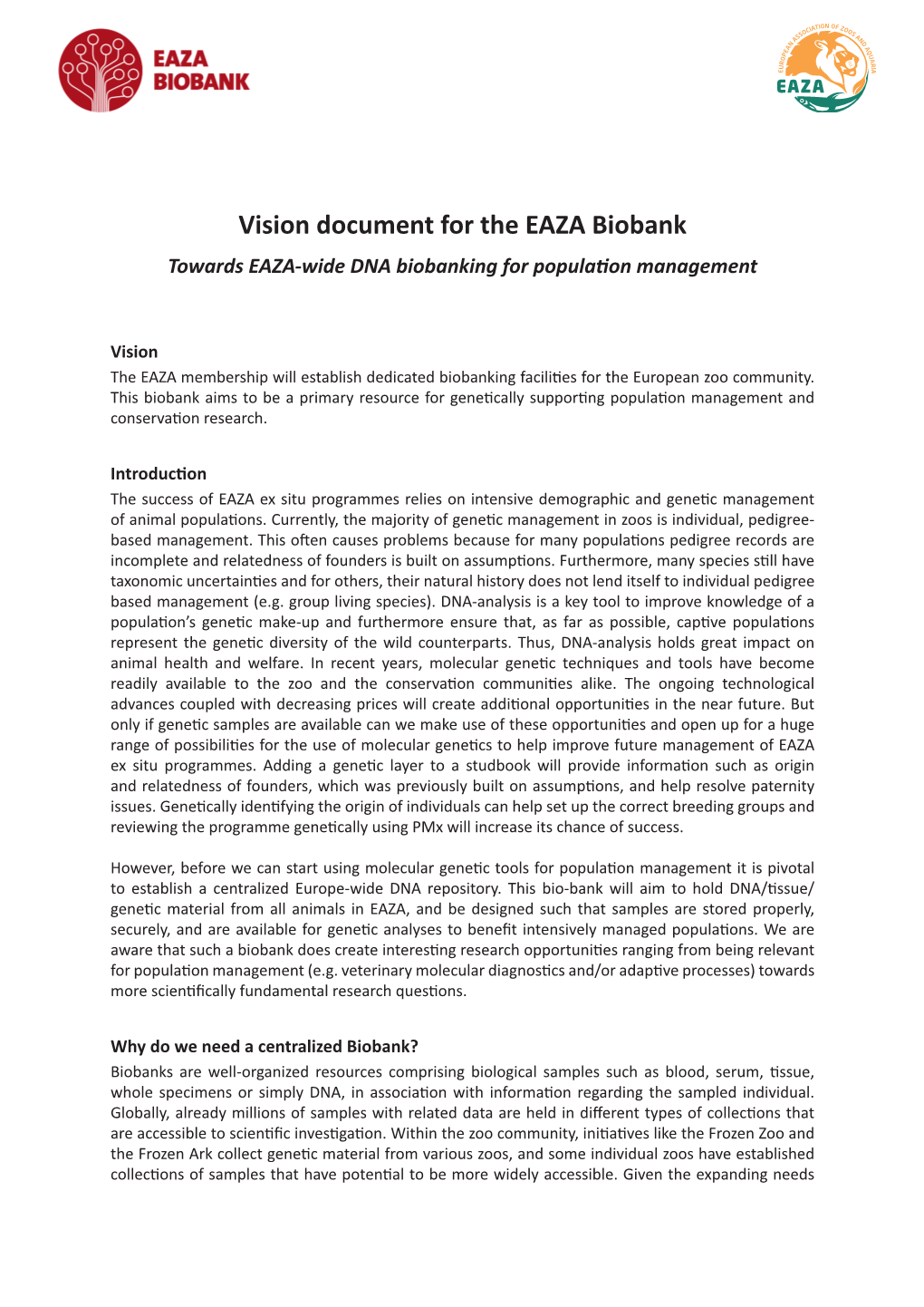 Vision Document for the EAZA Biobank Towards EAZA-Wide DNA Biobanking for Population Management