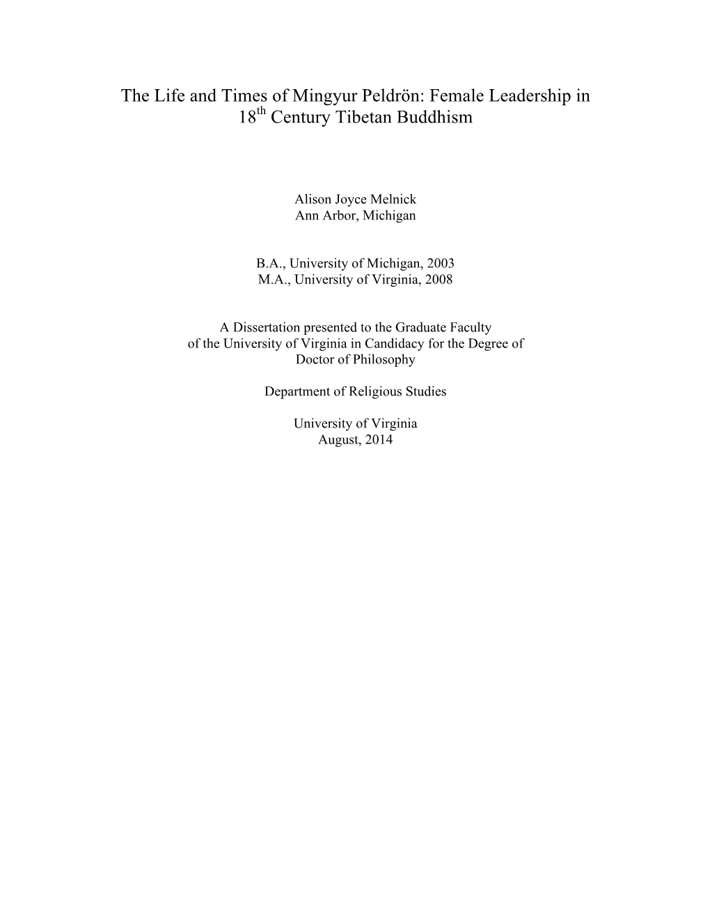 The Life and Times of Mingyur Peldrön: Female Leadership in 18Th Century Tibetan Buddhism