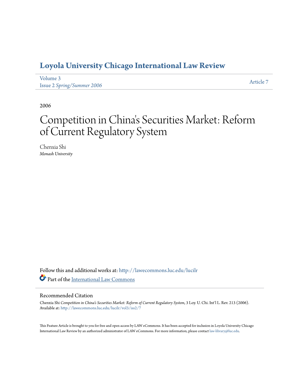 Competition in China's Securities Market: Reform of Current Regulatory System Chenxia Shi Monash University