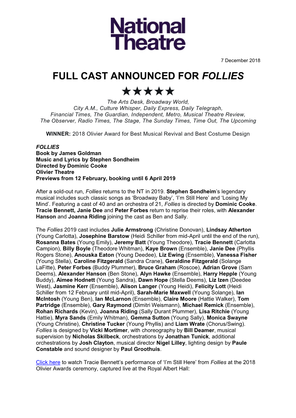 Full Cast Announced for Follies