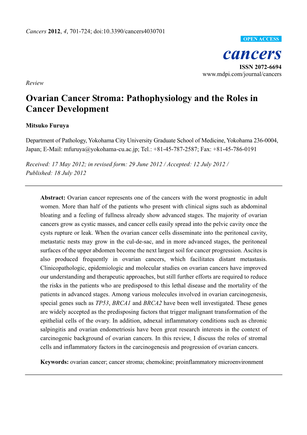 Ovarian Cancer Stroma: Pathophysiology and the Roles in Cancer Development