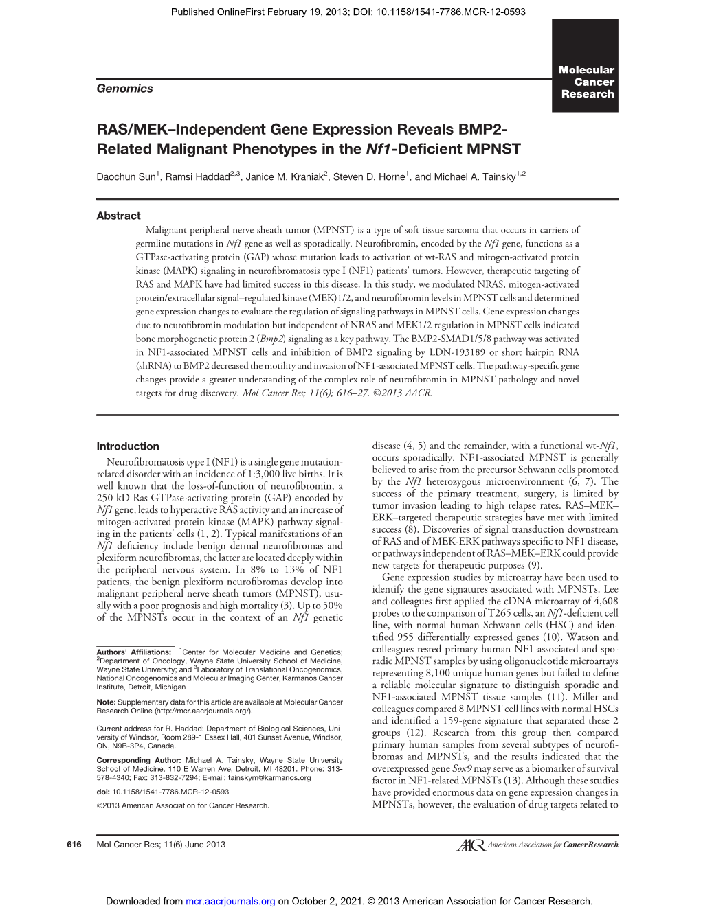 Related Malignant Phenotypes in the Nf1-Deficient MPNST