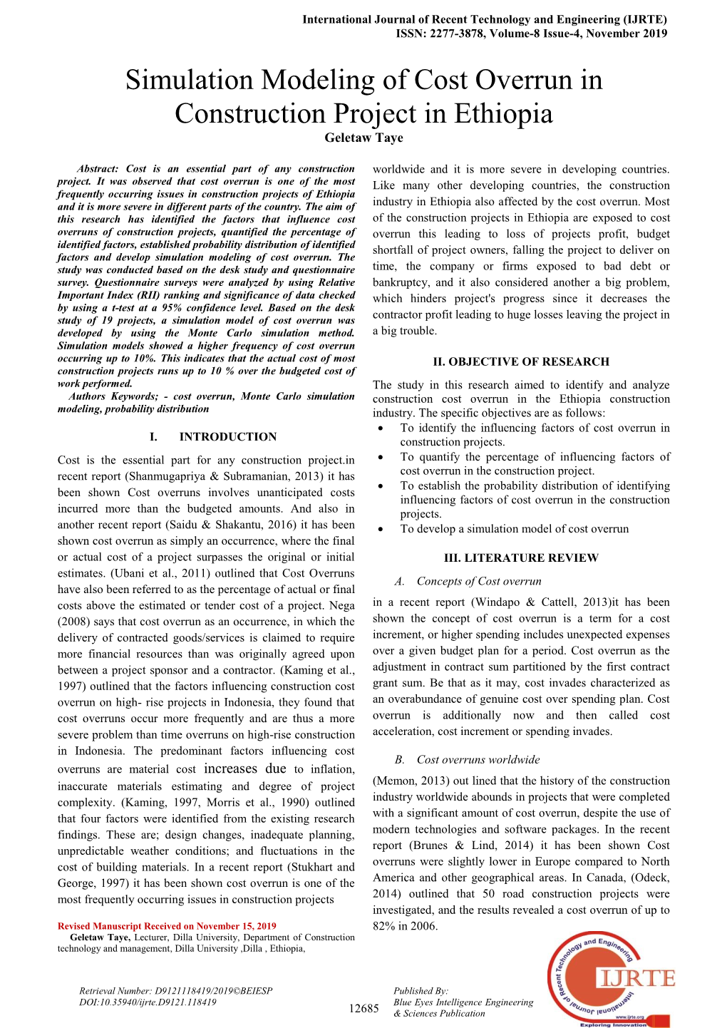 Simulation Modeling of Cost Overrun in Construction Project in Ethiopia Geletaw Taye