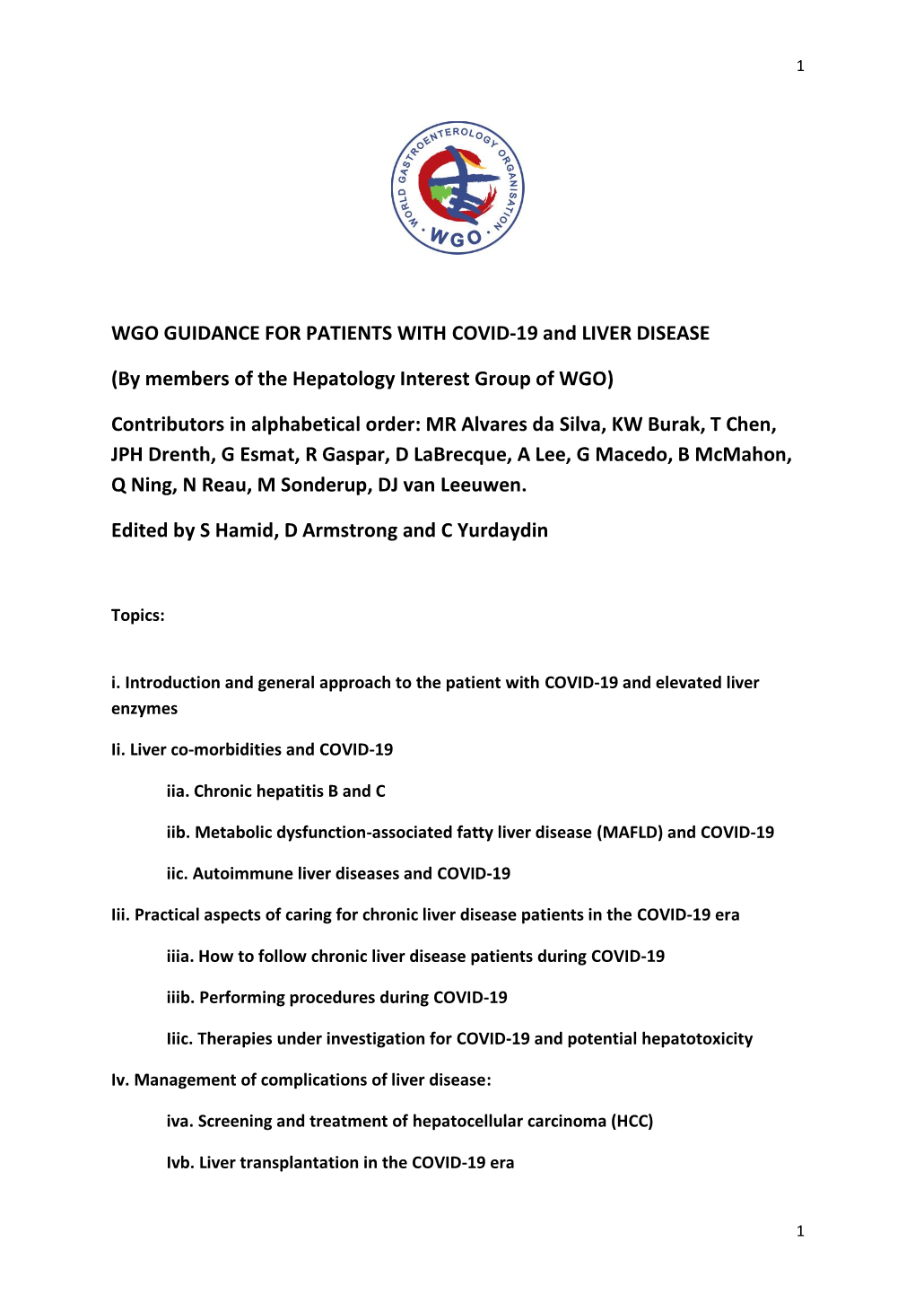 WGO GUIDANCE for PATIENTS with COVID-19 and LIVER DISEASE