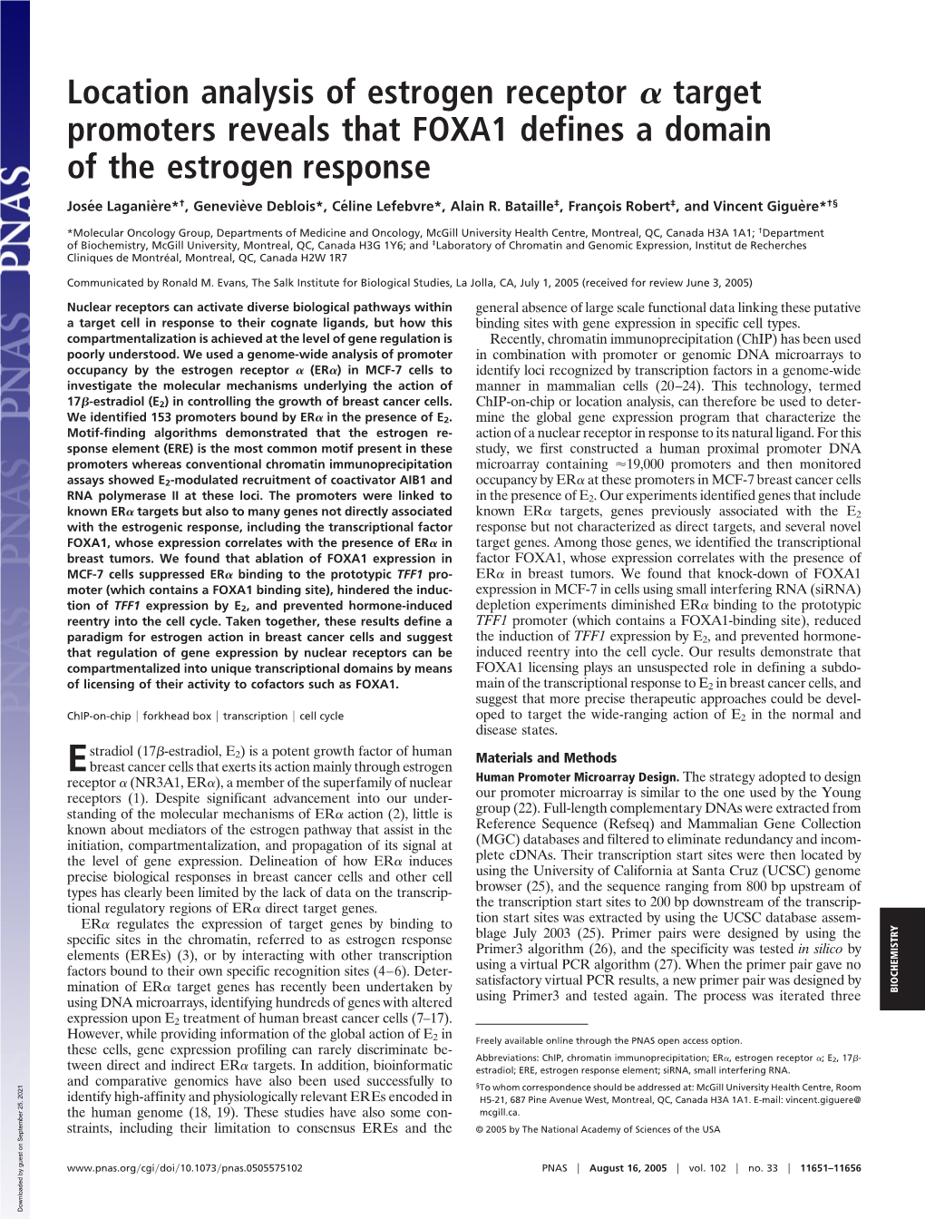 Location Analysis of Estrogen Receptor Target Promoters Reveals That