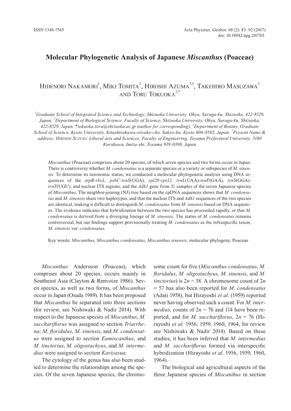 Molecular Phylogenetic Analysis of Japanese Miscanthus (Poaceae)