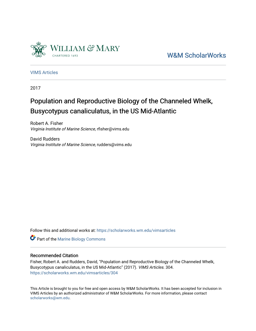 Population and Reproductive Biology of the Channeled Whelk, Busycotypus Canaliculatus, in the US Mid-Atlantic