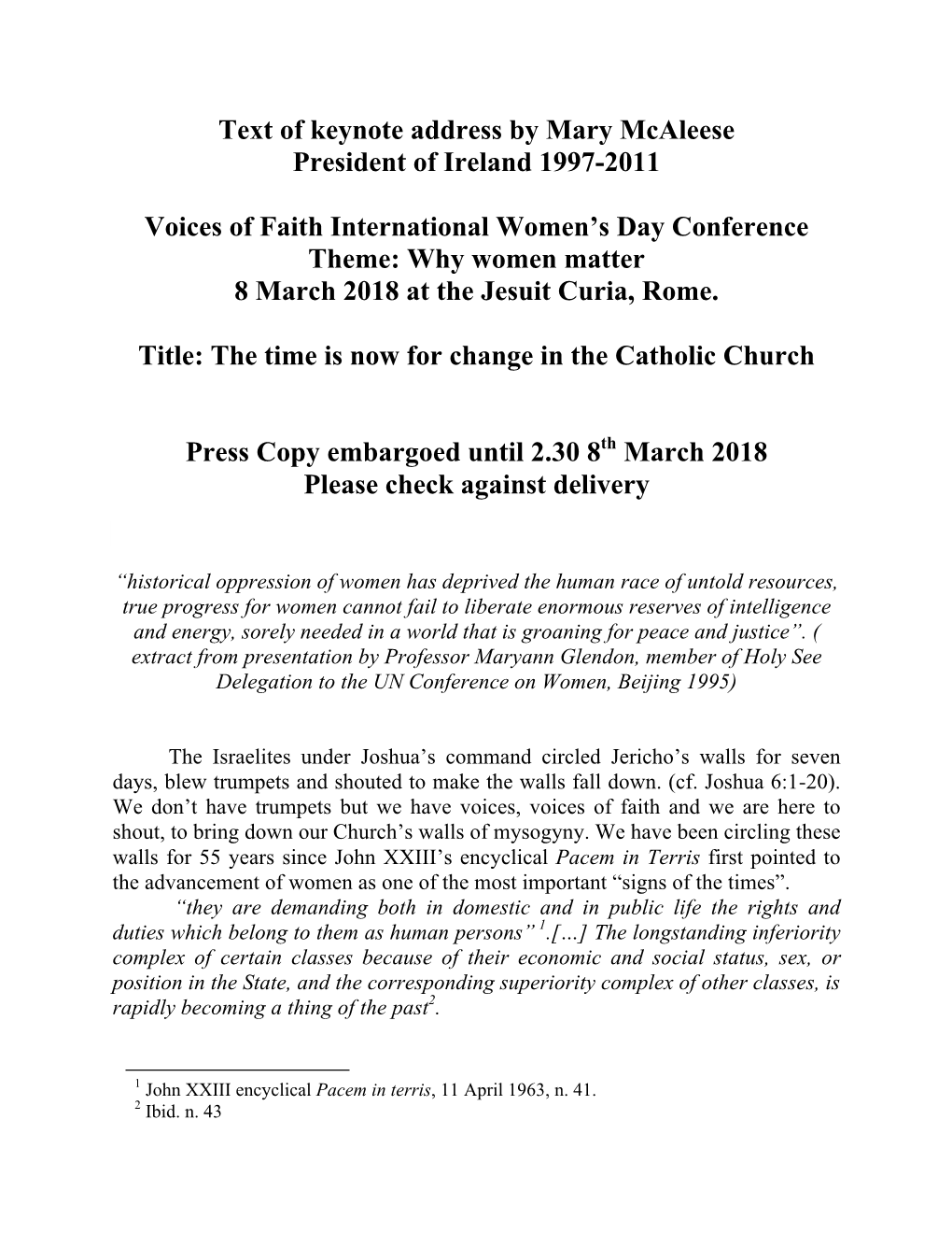 Text of Keynote Address by Mary Mcaleese President of Ireland 1997-2011