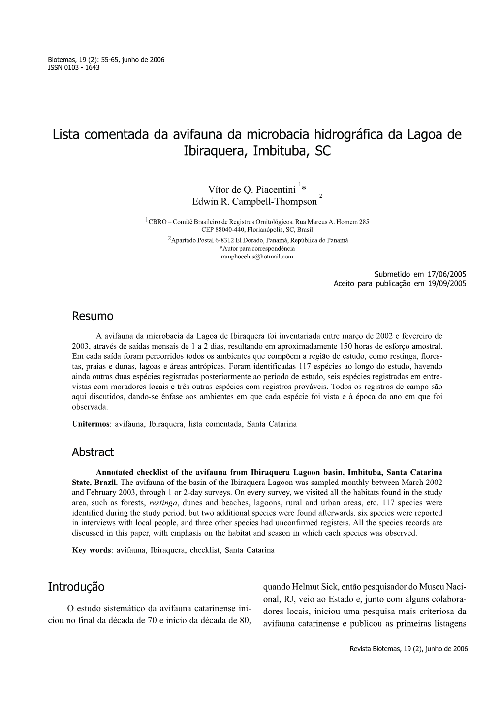 Lista Comentada Da Avifauna Da Microbacia Hidrográfica Da Lagoa De Ibiraquera, Imbituba, SC