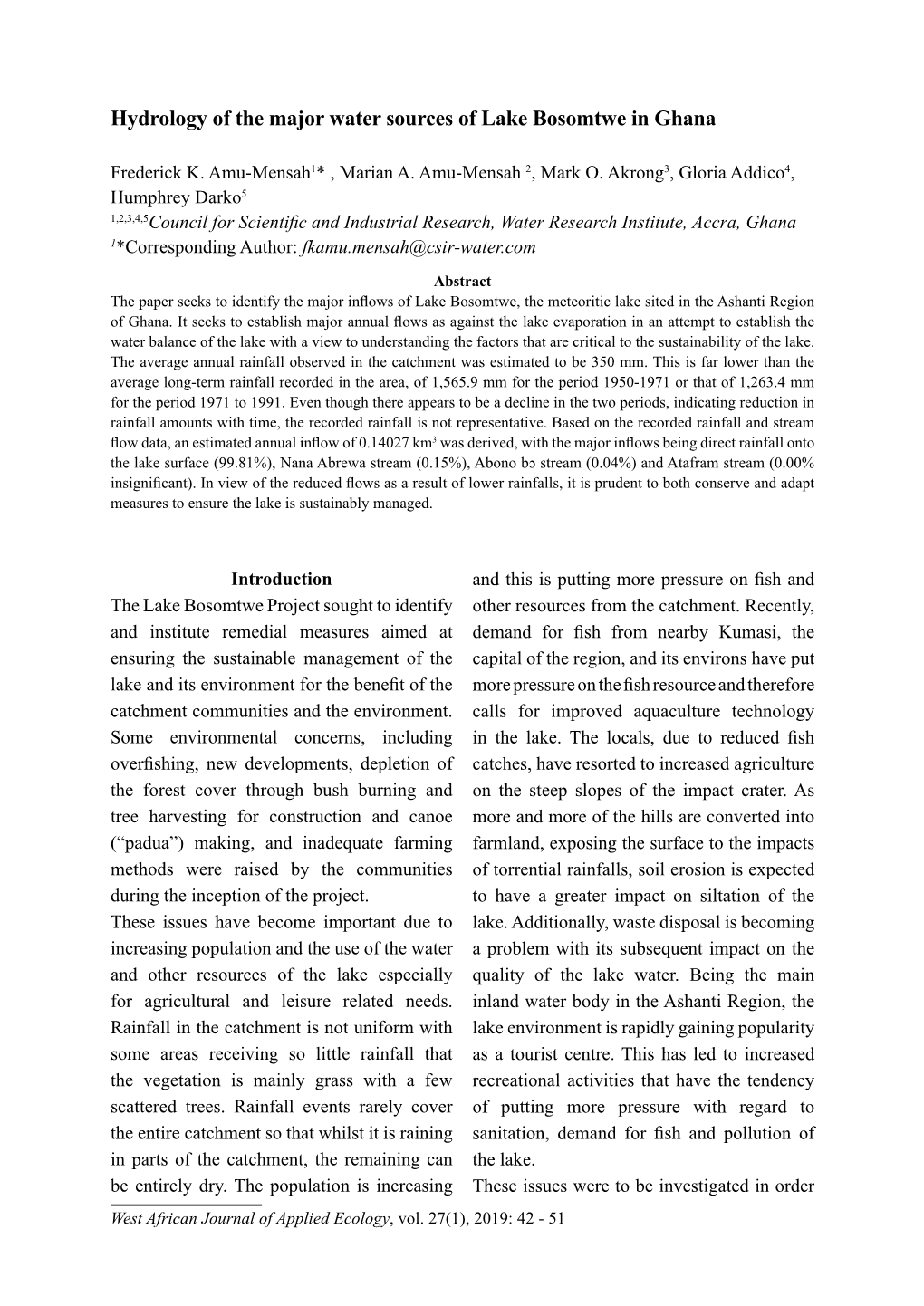 Hydrology of the Major Water Sources of Lake Bosomtwe in Ghana