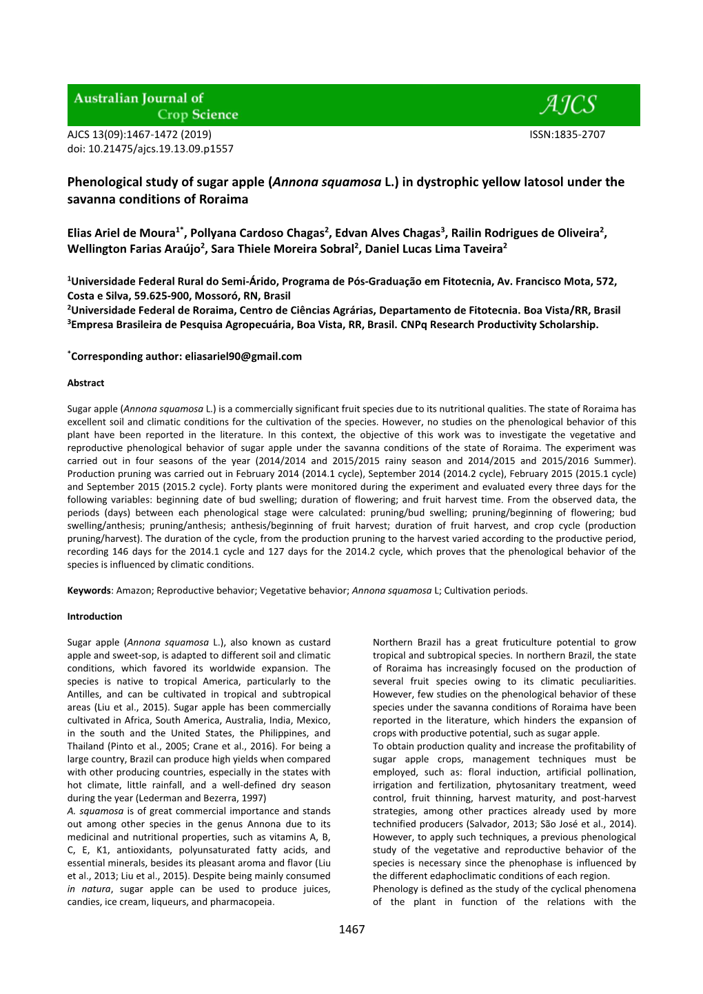 Phenological Study of Sugar Apple (Annona Squamosa L.) in Dystrophic Yellow Latosol Under the Savanna Conditions of Roraima