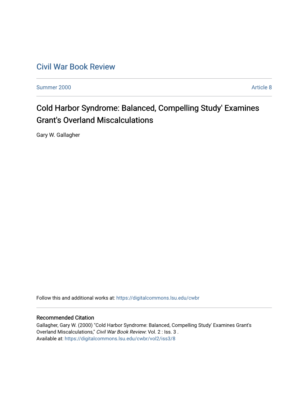 Cold Harbor Syndrome: Balanced, Compelling Study' Examines Grant's Overland Miscalculations