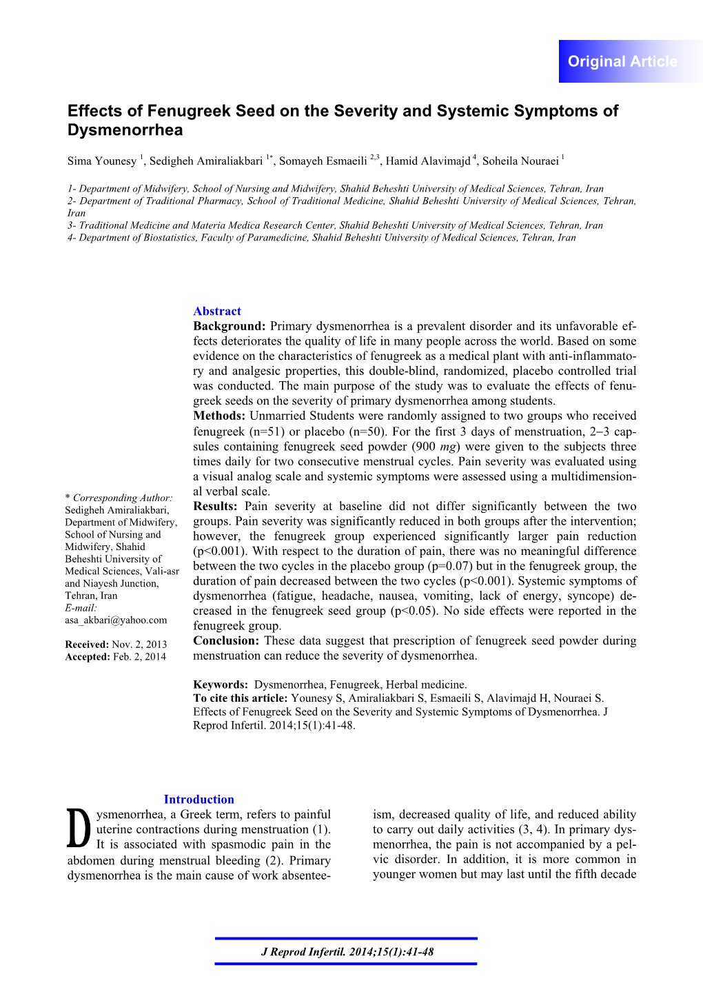 Effects of Fenugreek Seed on the Severity and Systemic Symptoms of Dysmenorrhea