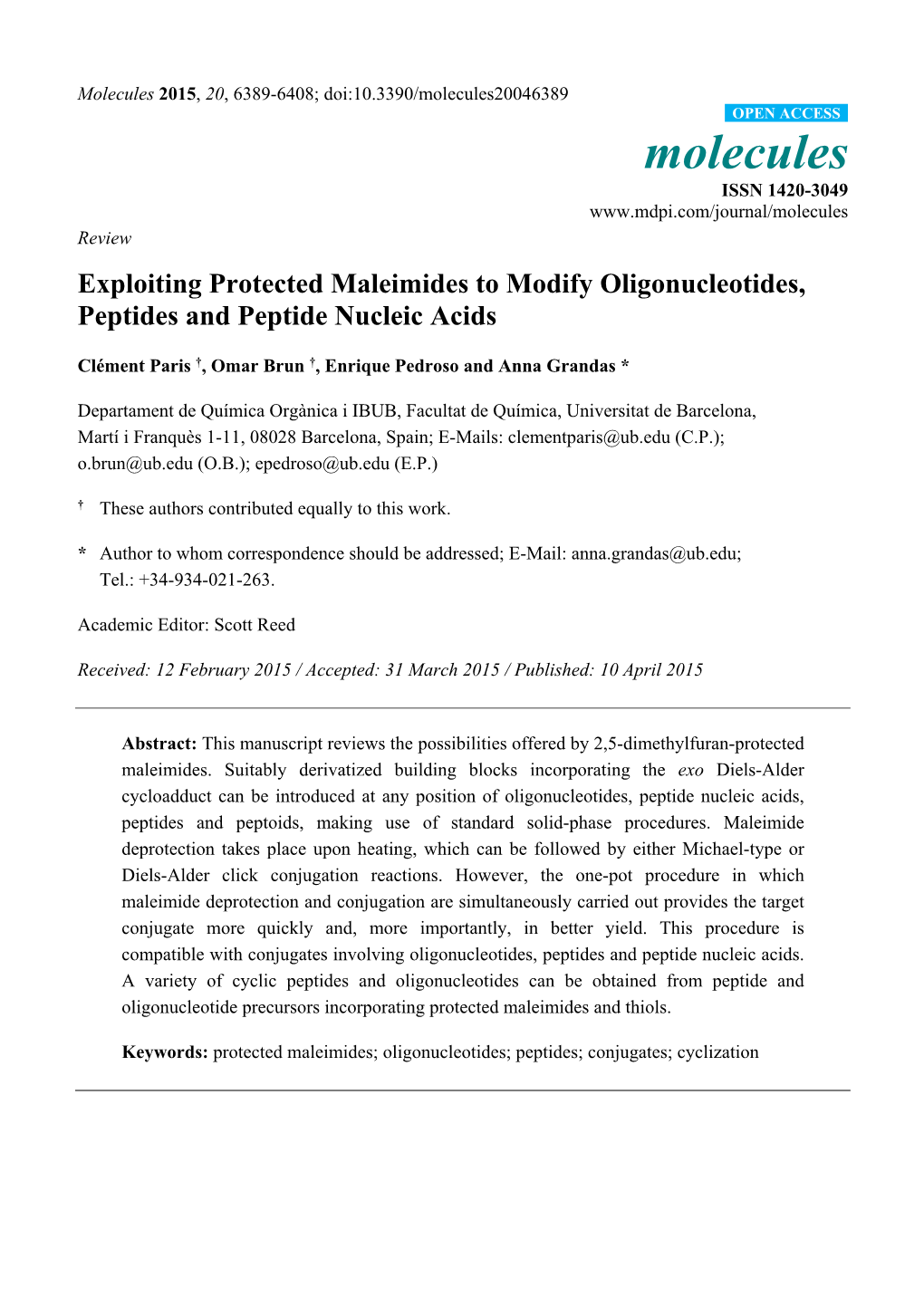 Exploiting Protected Maleimides to Modify Oligonucleotides, Peptides and Peptide Nucleic Acids