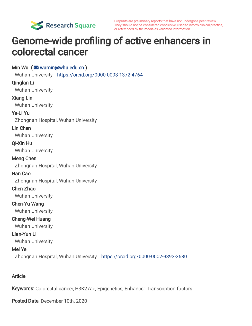 Genome-Wide Profiling of Active Enhancers in Colorectal Cancer