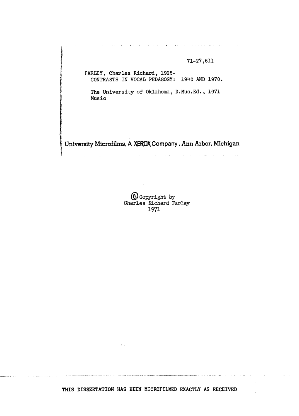 University Microfilms, a XEROX Company, Ann Arbor, Michigan 1971