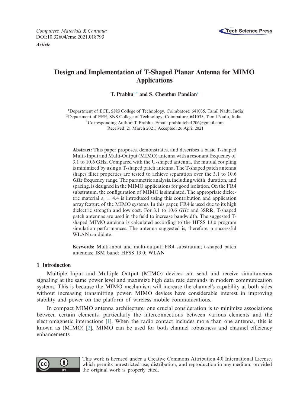 Design and Implementation of T-Shaped Planar Antenna for MIMO Applications