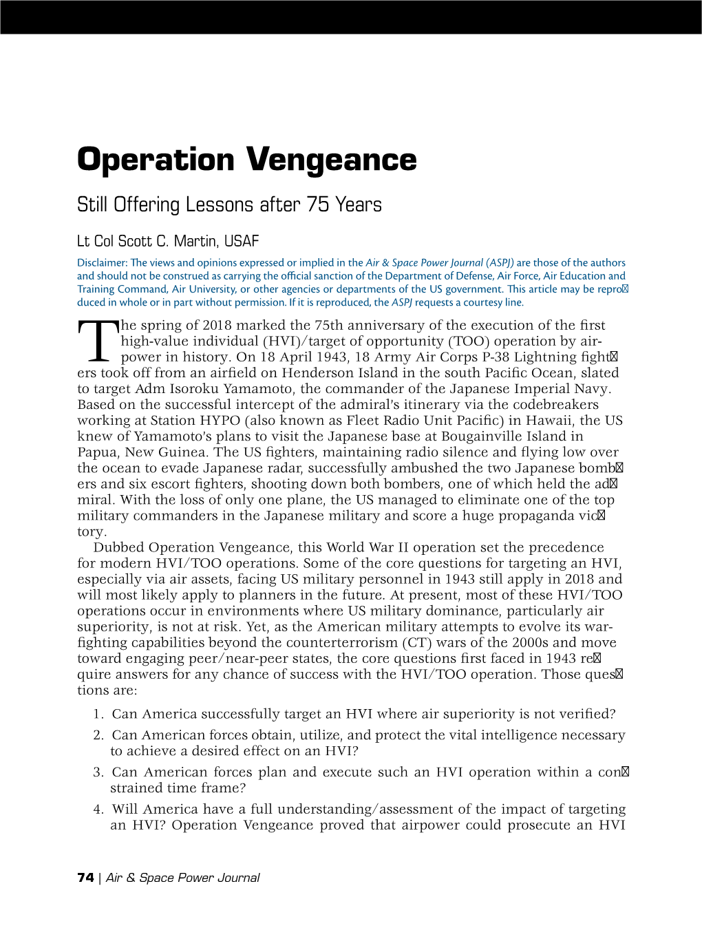 Operation Vengeance Still Offering Lessons After 75 Years