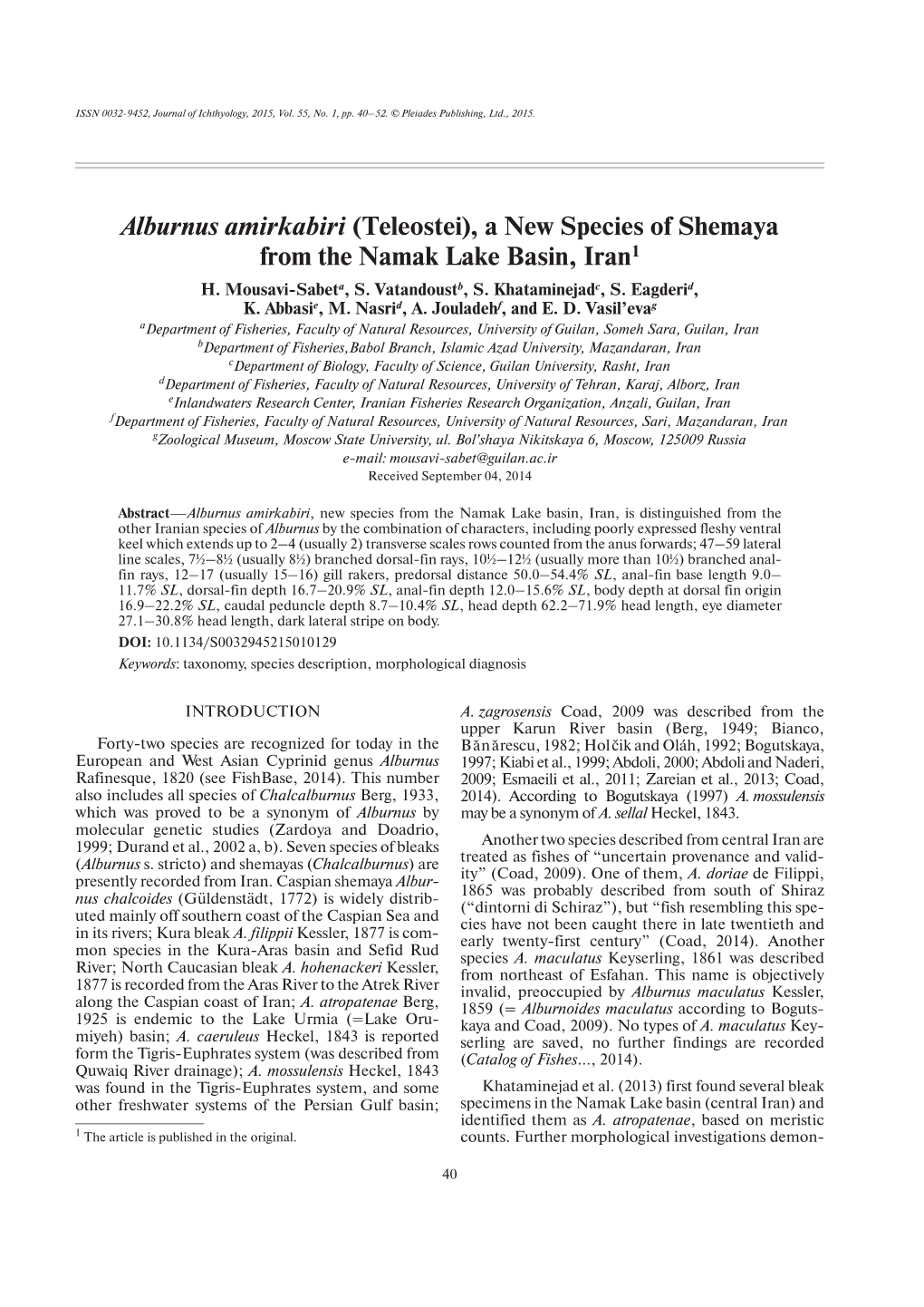 Alburnus Amirkabiri (Teleostei), a New Species of Shemaya from the Namak Lake Basin, Iran1 H