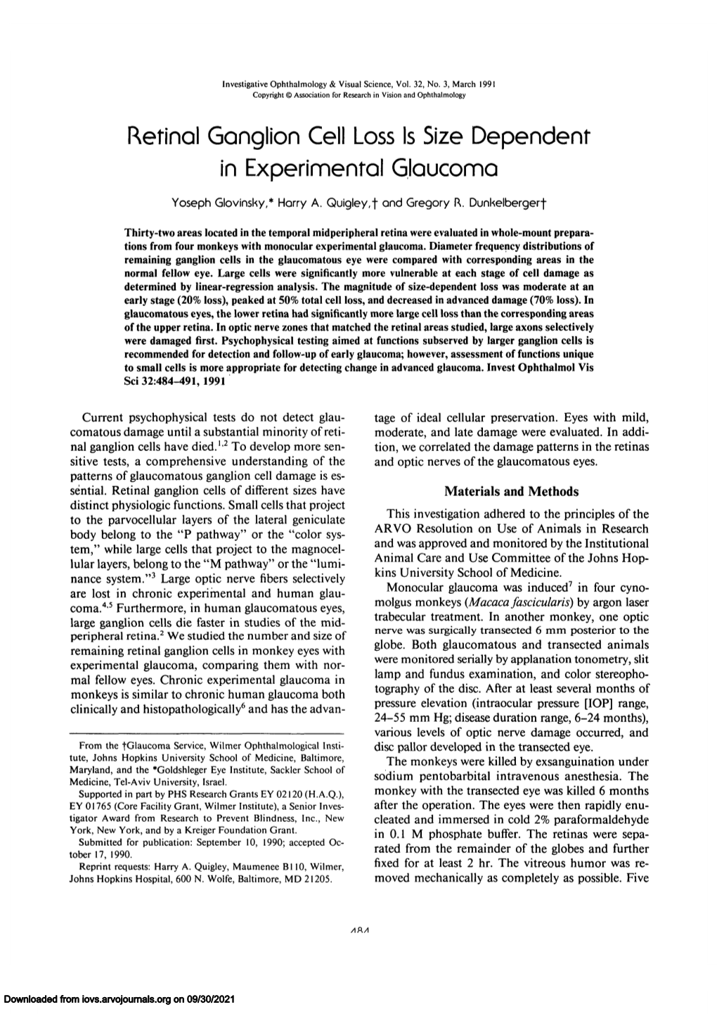 Retinal Ganglion Cell Loss Is Size Dependent in Experimental Glaucoma