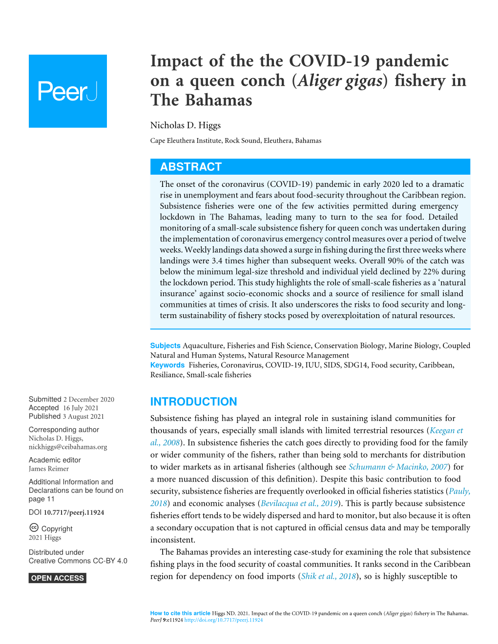 Impact of the the COVID-19 Pandemic on a Queen Conch (Aliger Gigas) Fishery in the Bahamas