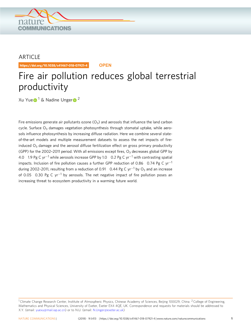 Fire Air Pollution Reduces Global Terrestrial Productivity