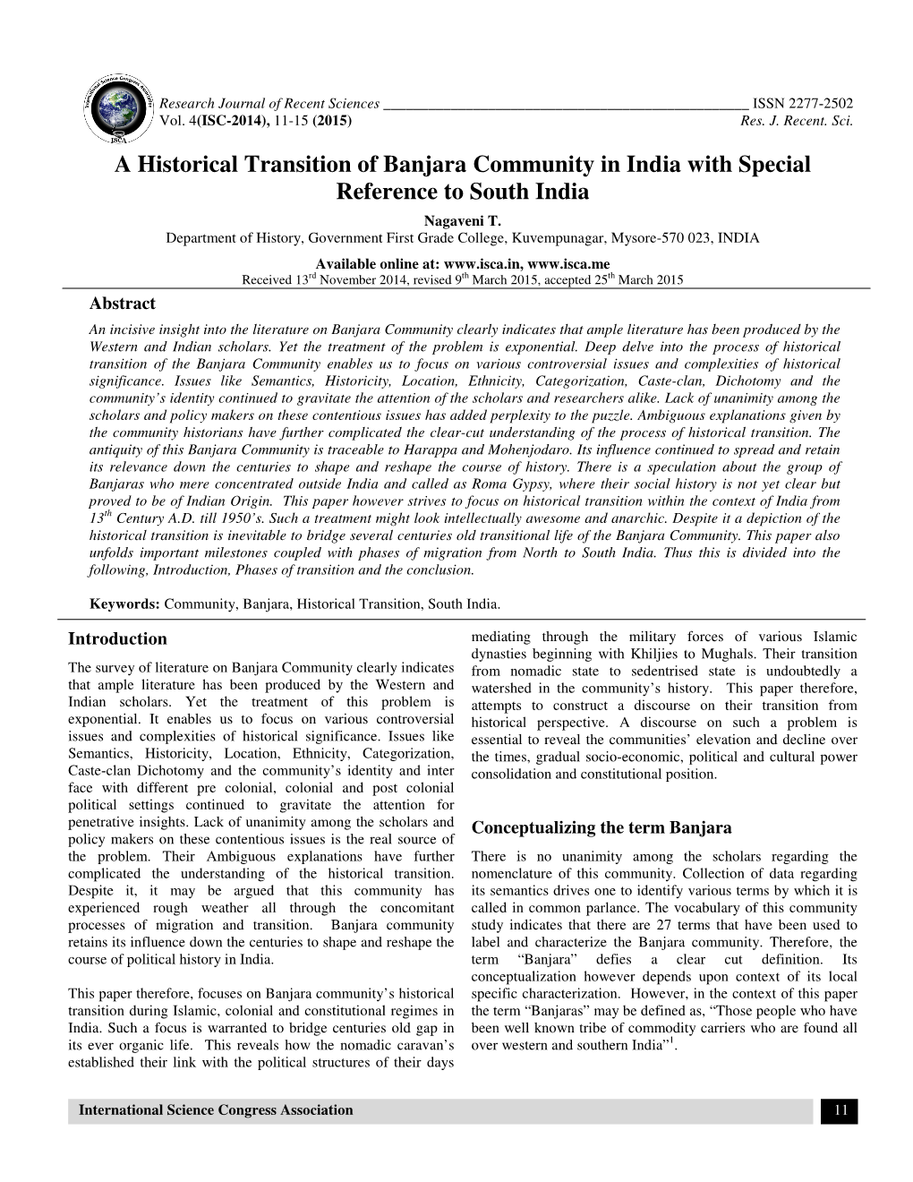 A Historical Transition of Banjara Community in India with Special Reference to South India Nagaveni T