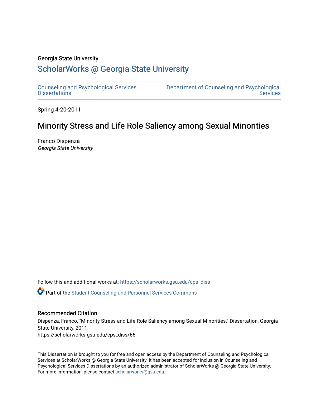 Minority Stress and Life Role Saliency Among Sexual Minorities