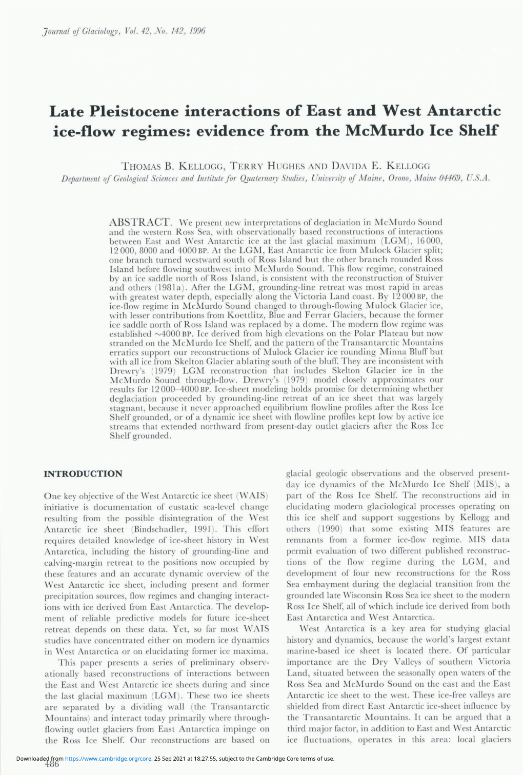 Late Pleistocene Interactions of East and West Antarctic Ice-Flow Regim.Es: Evidence From