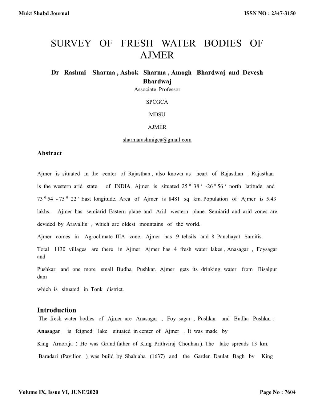 Survey of Fresh Water Bodies of Ajmer