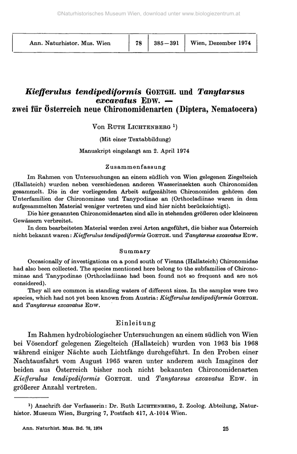 Kiefferulus Tendipediformis GOETGH. Und Tanytarsus Excavatus EDW. — Zwei Für Österreich Neue Chironomidenarten (Diptera, Nematocera)