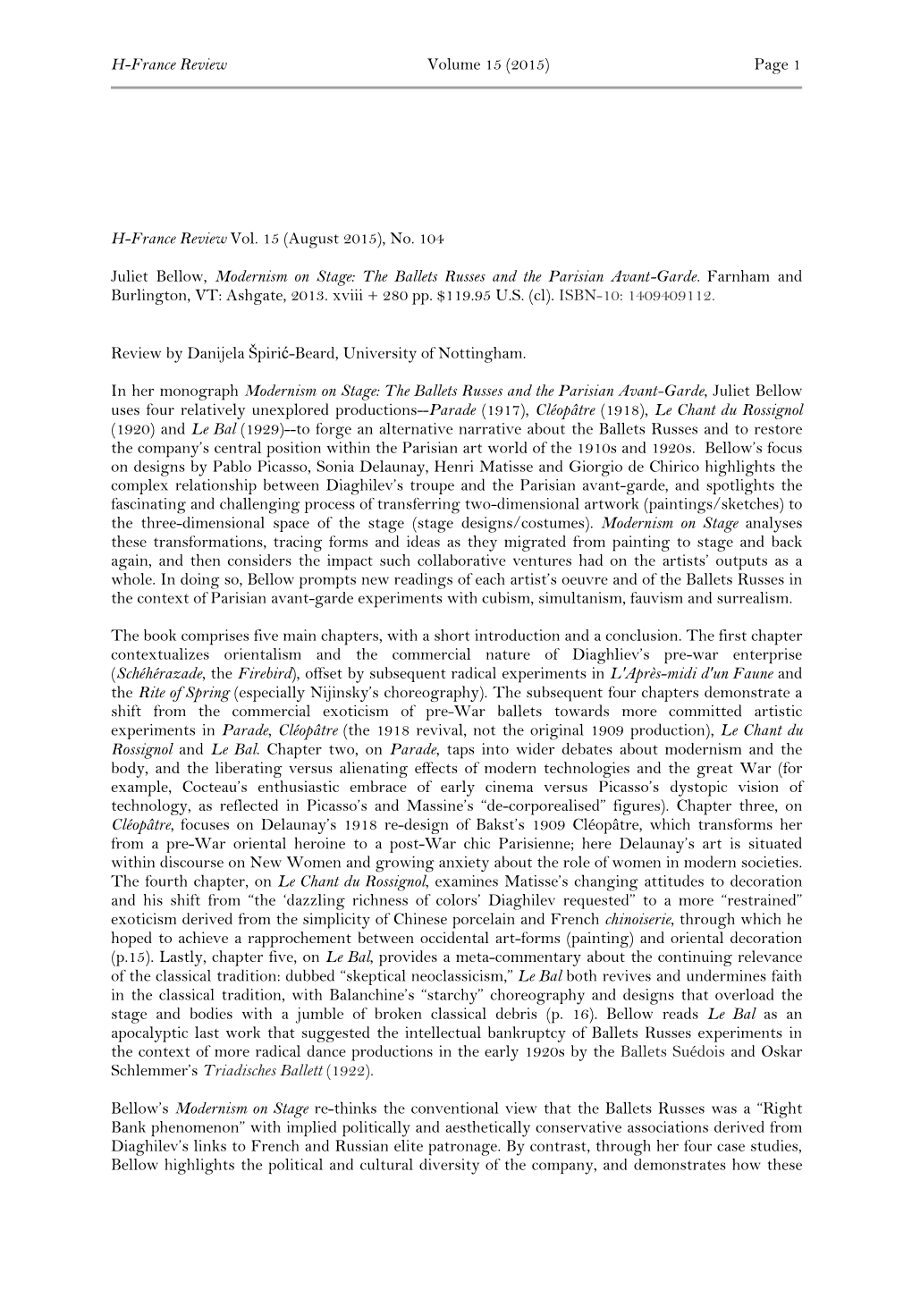 H-France Review Vol. 15 (August 2015), No. 104 Juliet Bellow, Modernism on Stage