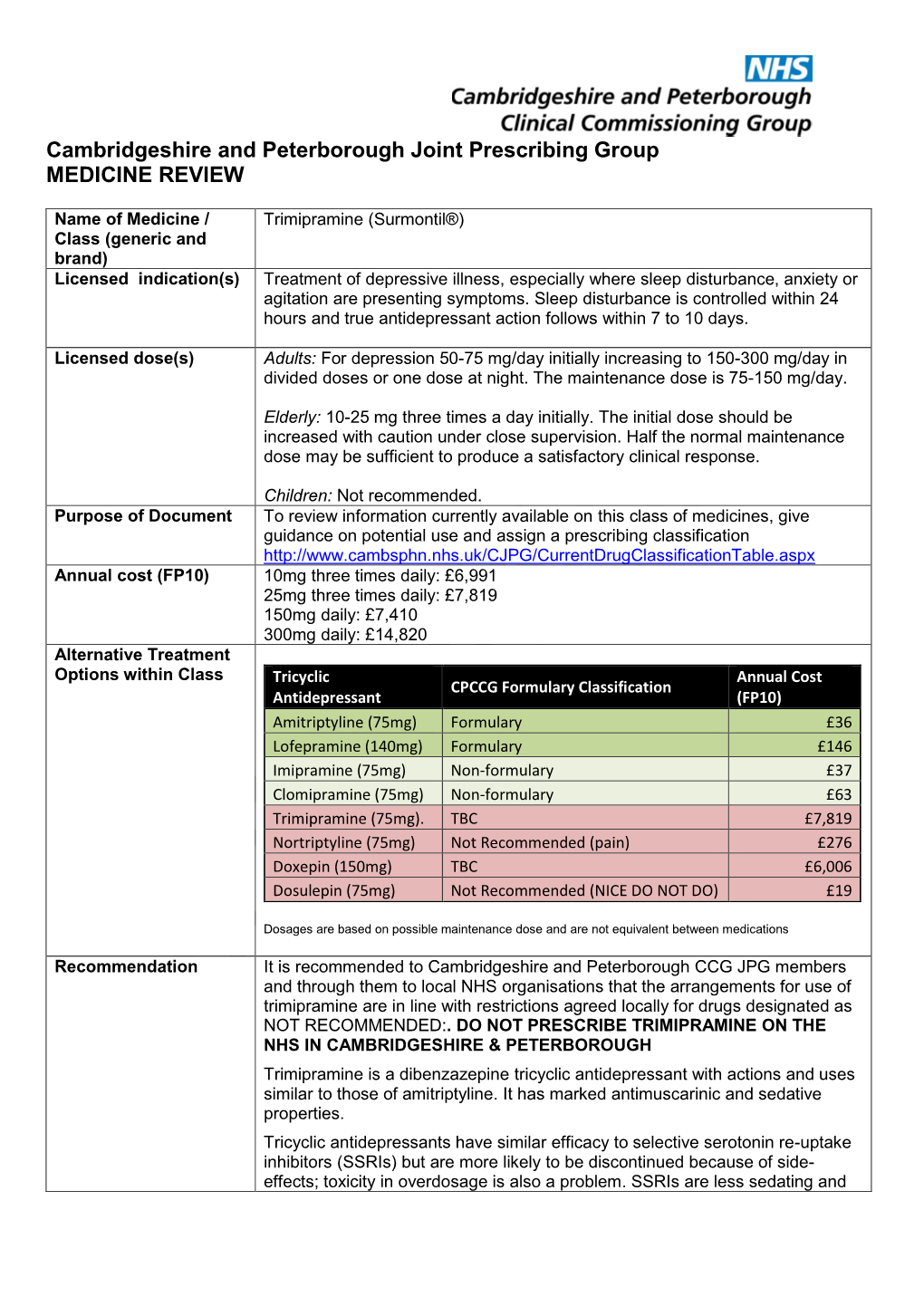 Cambridgeshire and Peterborough Joint Prescribing Group MEDICINE REVIEW