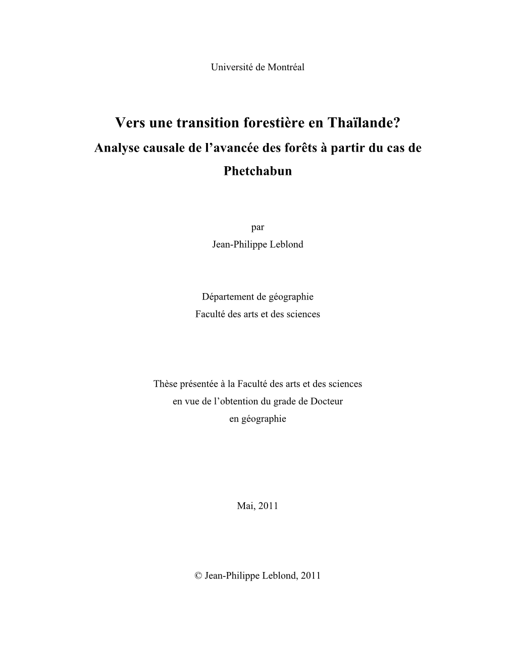 Vers Une Transition Forestière En Thaïlande? Analyse Causale De L’Avancée Des Forêts À Partir Du Cas De Phetchabun