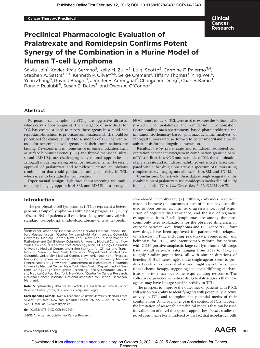 Preclinical Pharmacologic Evaluation of Pralatrexate and Romidepsin