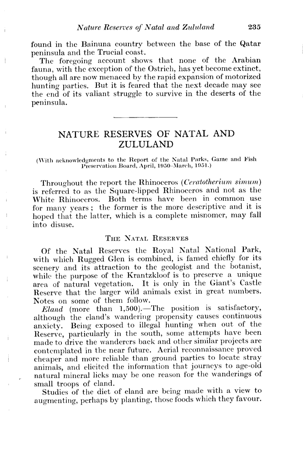 Nature Reserves of Natal and Zululand 235 Found in the Bainuna Country Between the Base of the Qatar Peninsula and the Trucial Coast