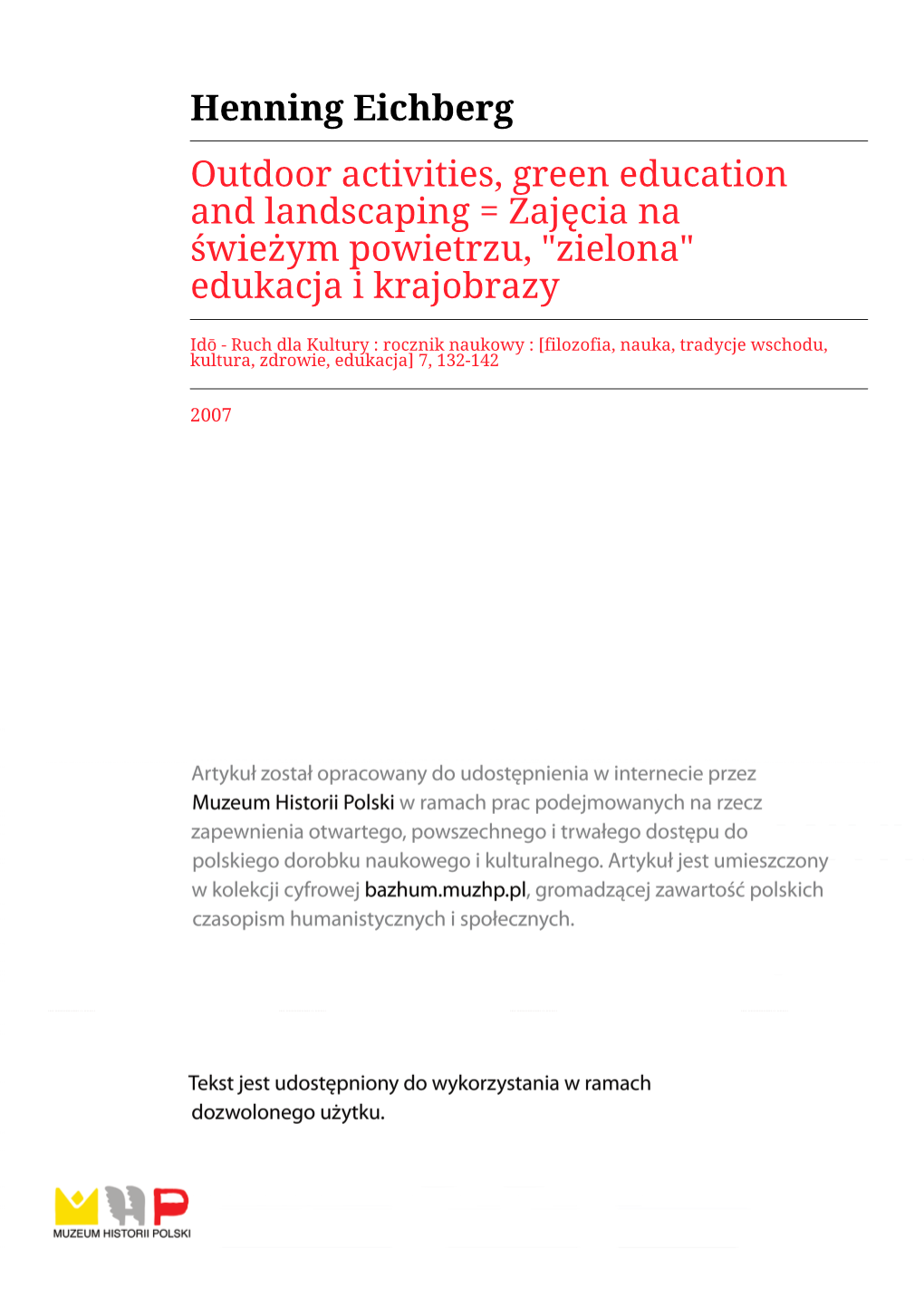 Henning Eichberg Outdoor Activities, Green Education and Landscaping = Zajęcia Na Świeżym Powietrzu, "Zielona" Edukacja I Krajobrazy