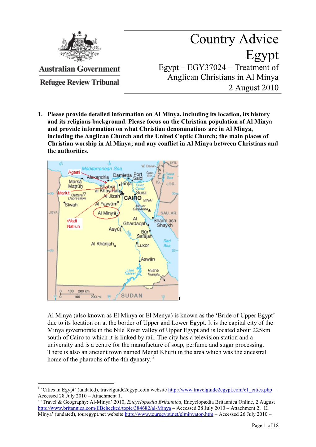 Country Advice Egypt Egypt – EGY37024 – Treatment of Anglican Christians in Al Minya 2 August 2010