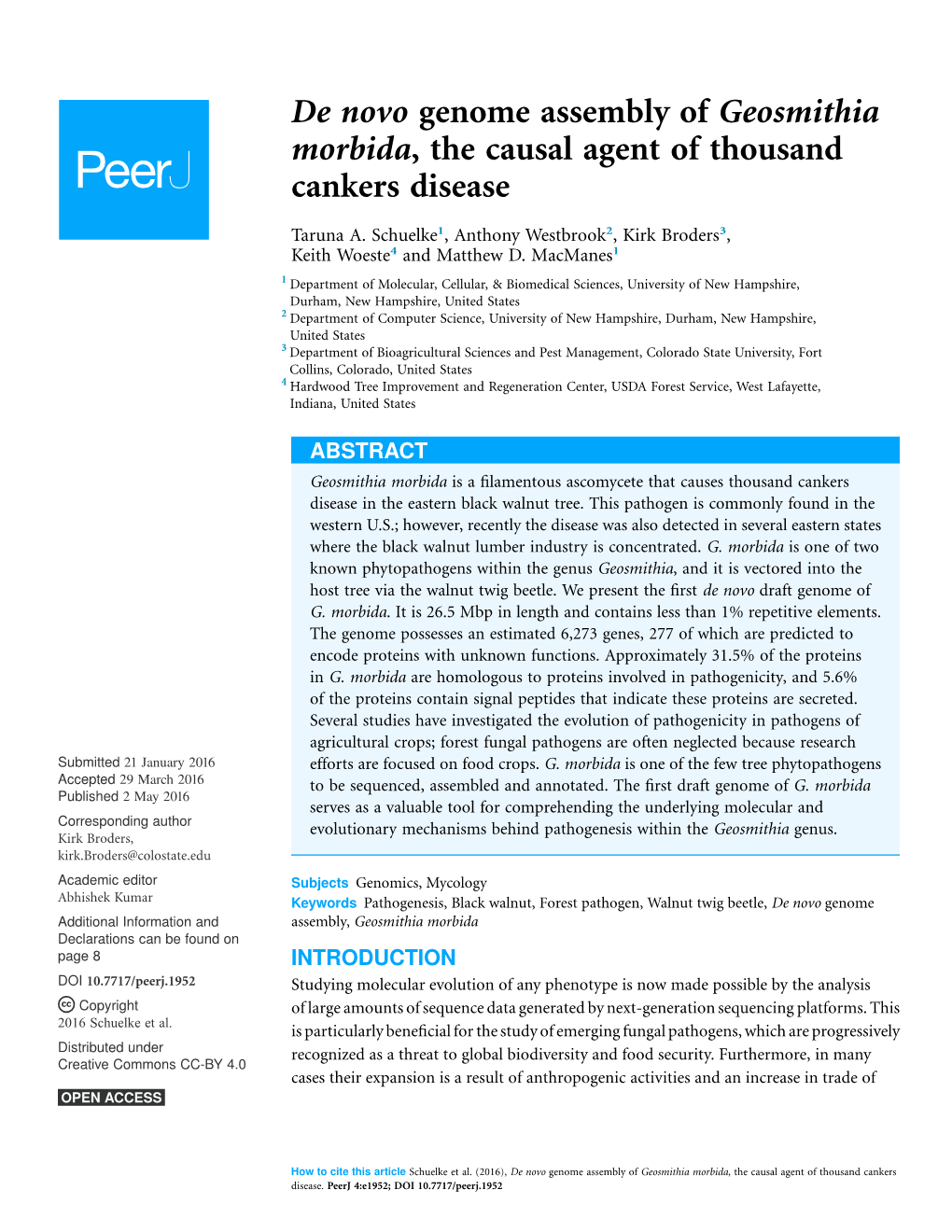 De Novo Genome Assembly of Geosmithia Morbida, the Causal Agent of Thousand Cankers Disease
