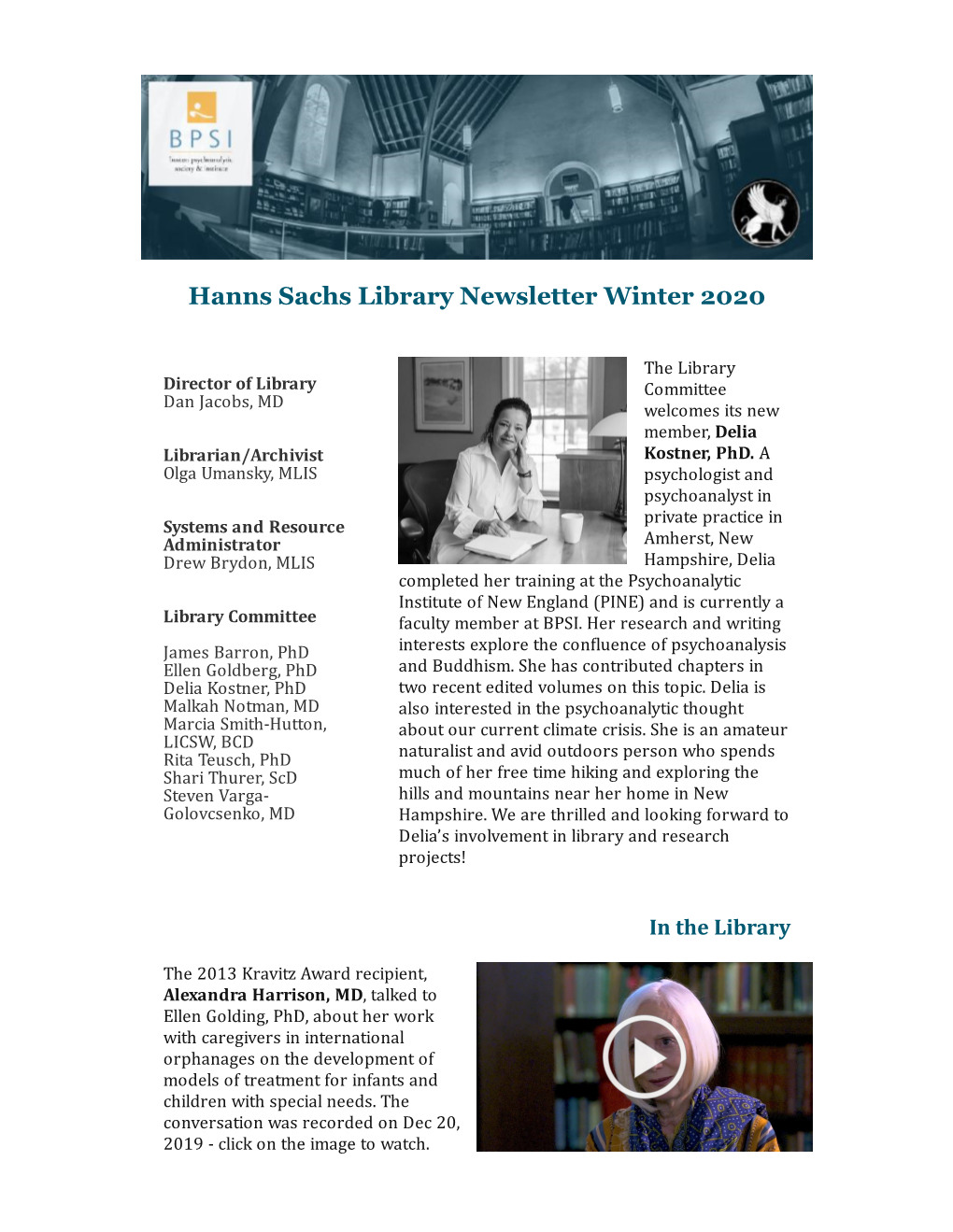 Hanns Sachs Library Newsletter Winter 2020