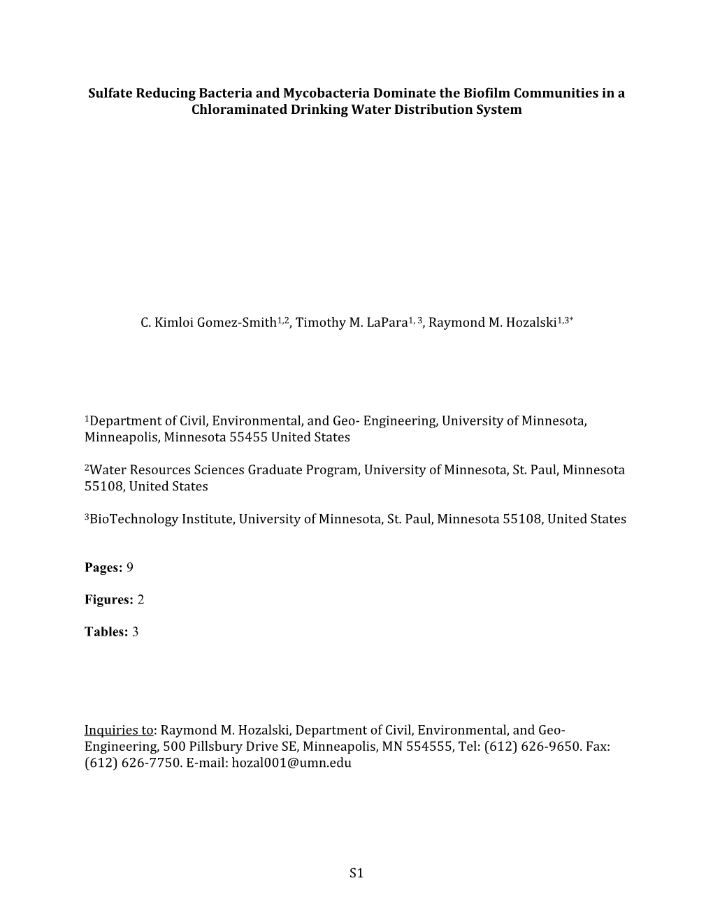 S1 Sulfate Reducing Bacteria and Mycobacteria Dominate the Biofilm